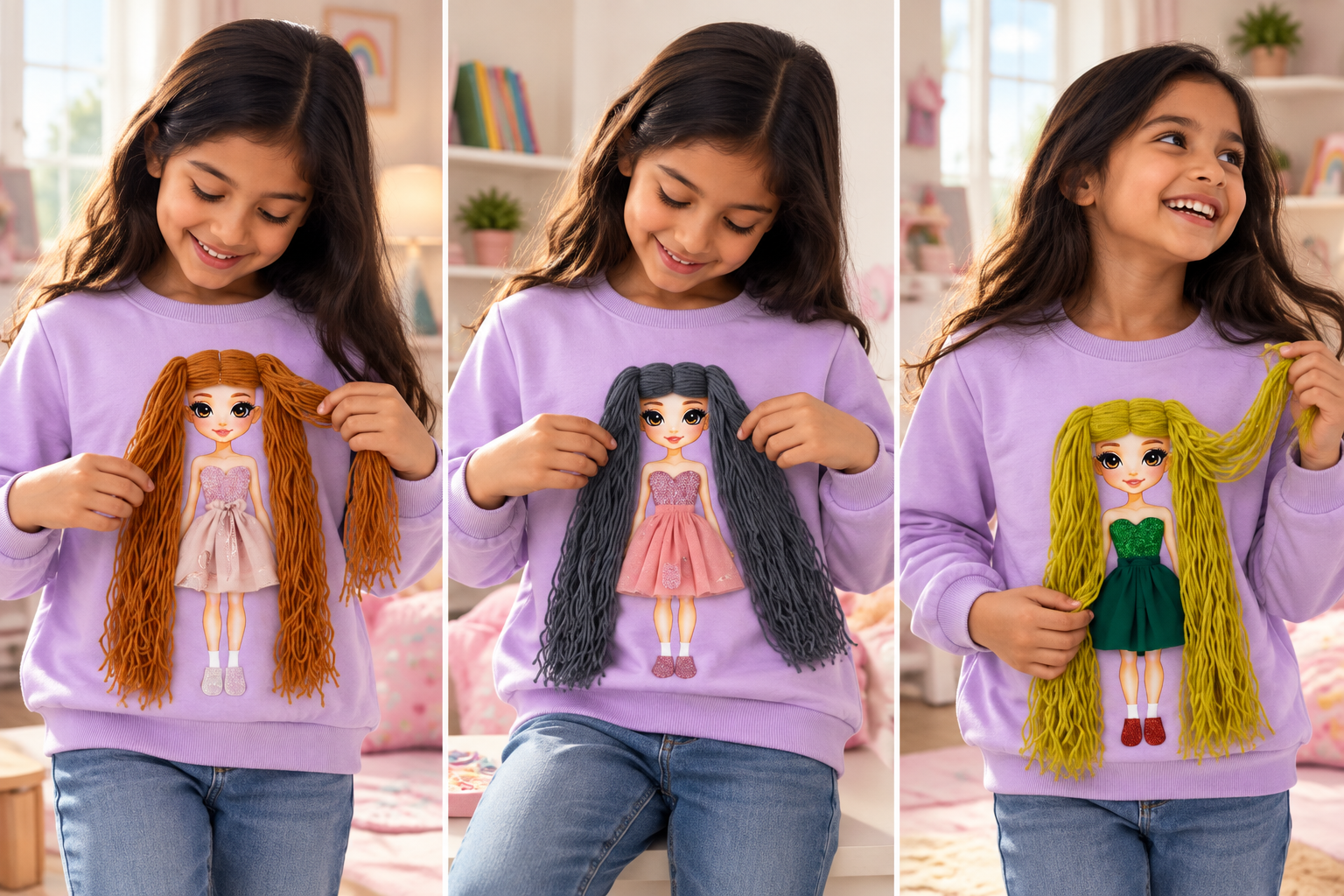 Child wearing the lavender Loopy Doopy Dress-Up Doll Sweatshirt in three different doll looks