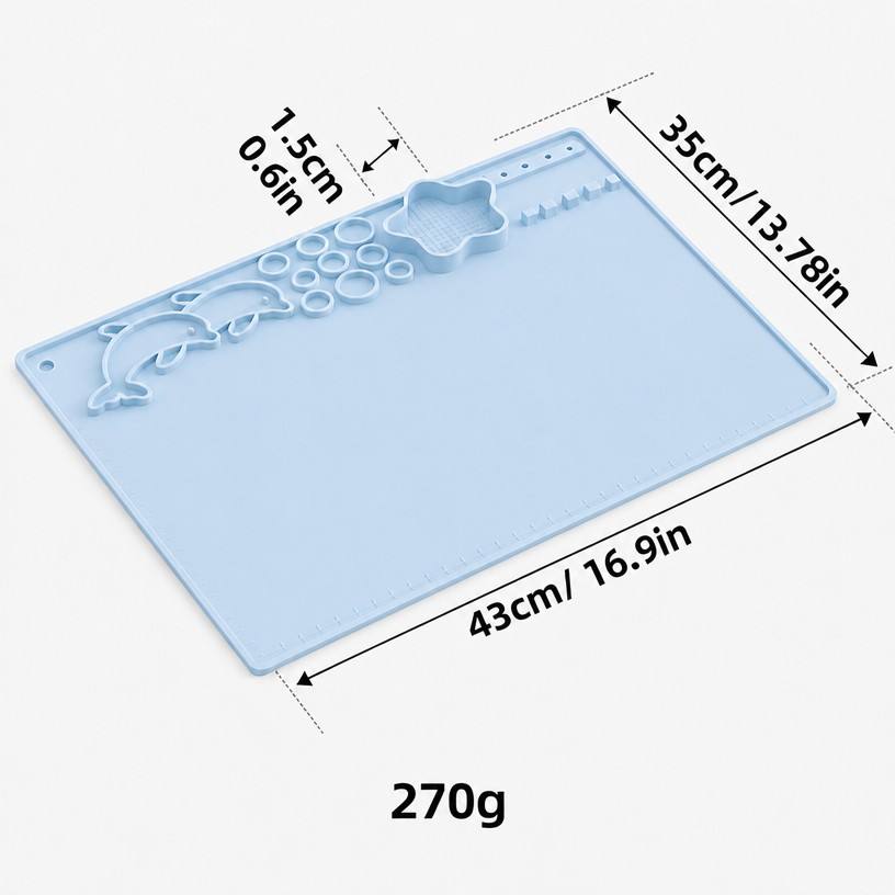 Loopy Doopy Silicone Creative Mat dimensions: 43 cm / 16.9 in by 35 cm / 13.78 in, 1.5 cm / 0.6 in thick, 270 g