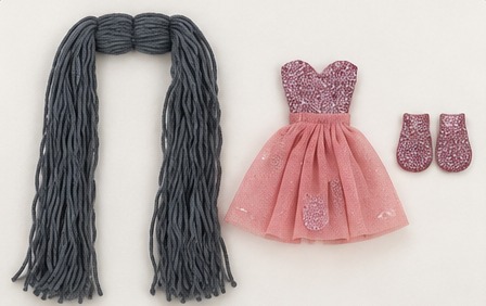 Look 2 pieces: gray yarn hair, pink dress and pink shoes