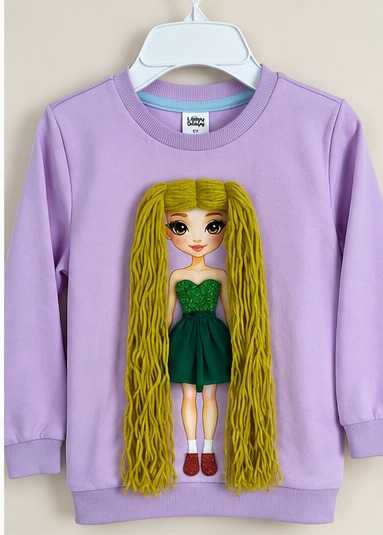 Dress-Up Doll Sweatshirt with green yarn hair, green dress and red shoes