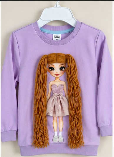 Dress-Up Doll Sweatshirt with brown yarn hair, blush dress and silver shoes