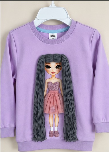 Dress-Up Doll Sweatshirt with gray yarn hair, pink dress and pink shoes
