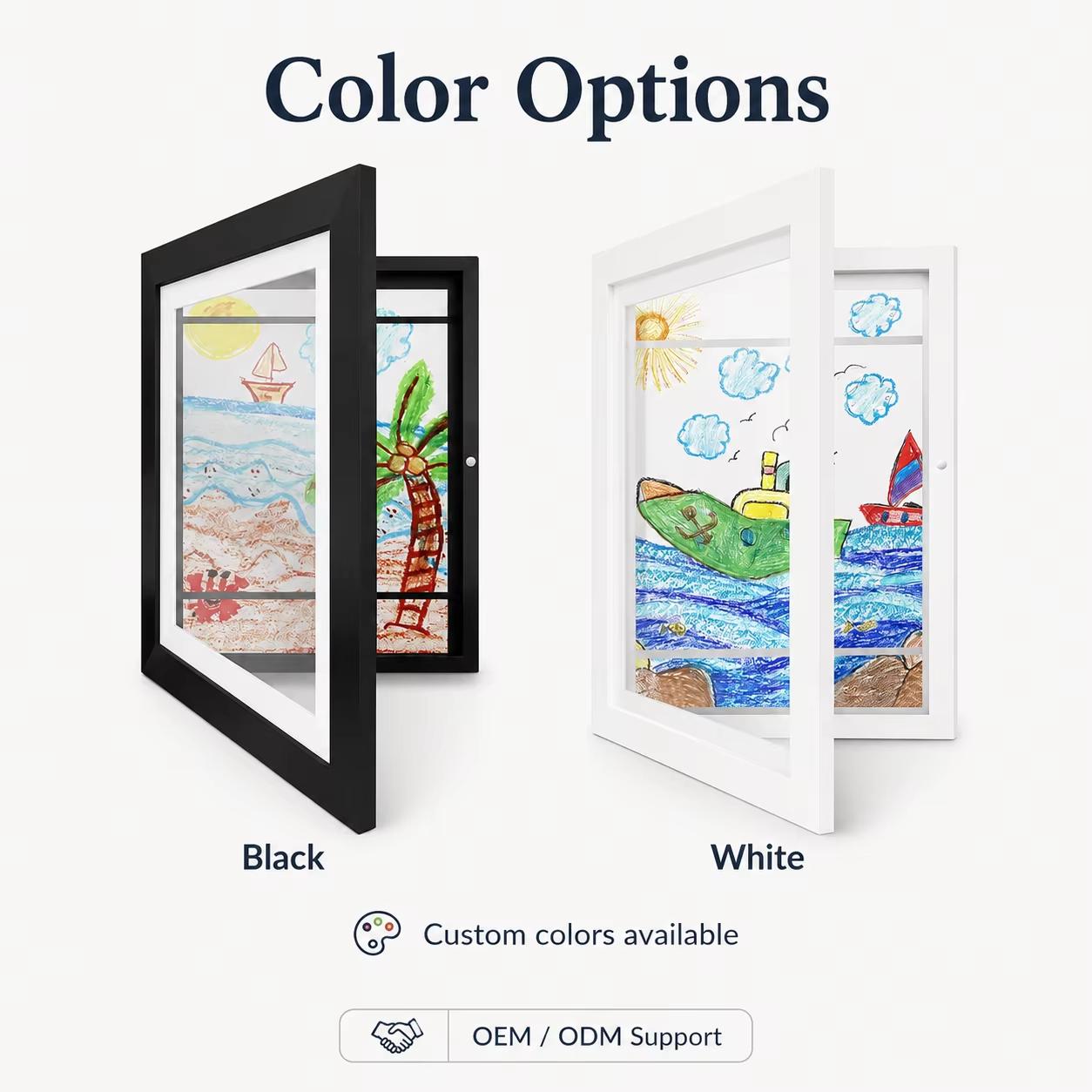 Kids artwork storage and display frame shown in white and black