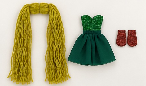 Look 3 pieces: green yarn hair, green dress and red shoes