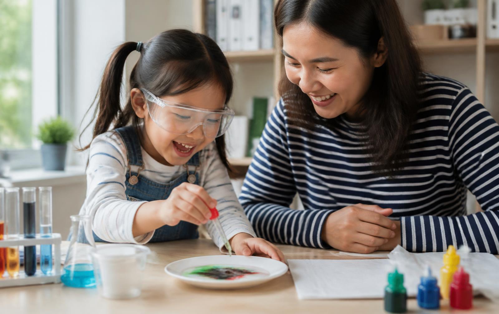 A child and a parent doing a simple science activity together