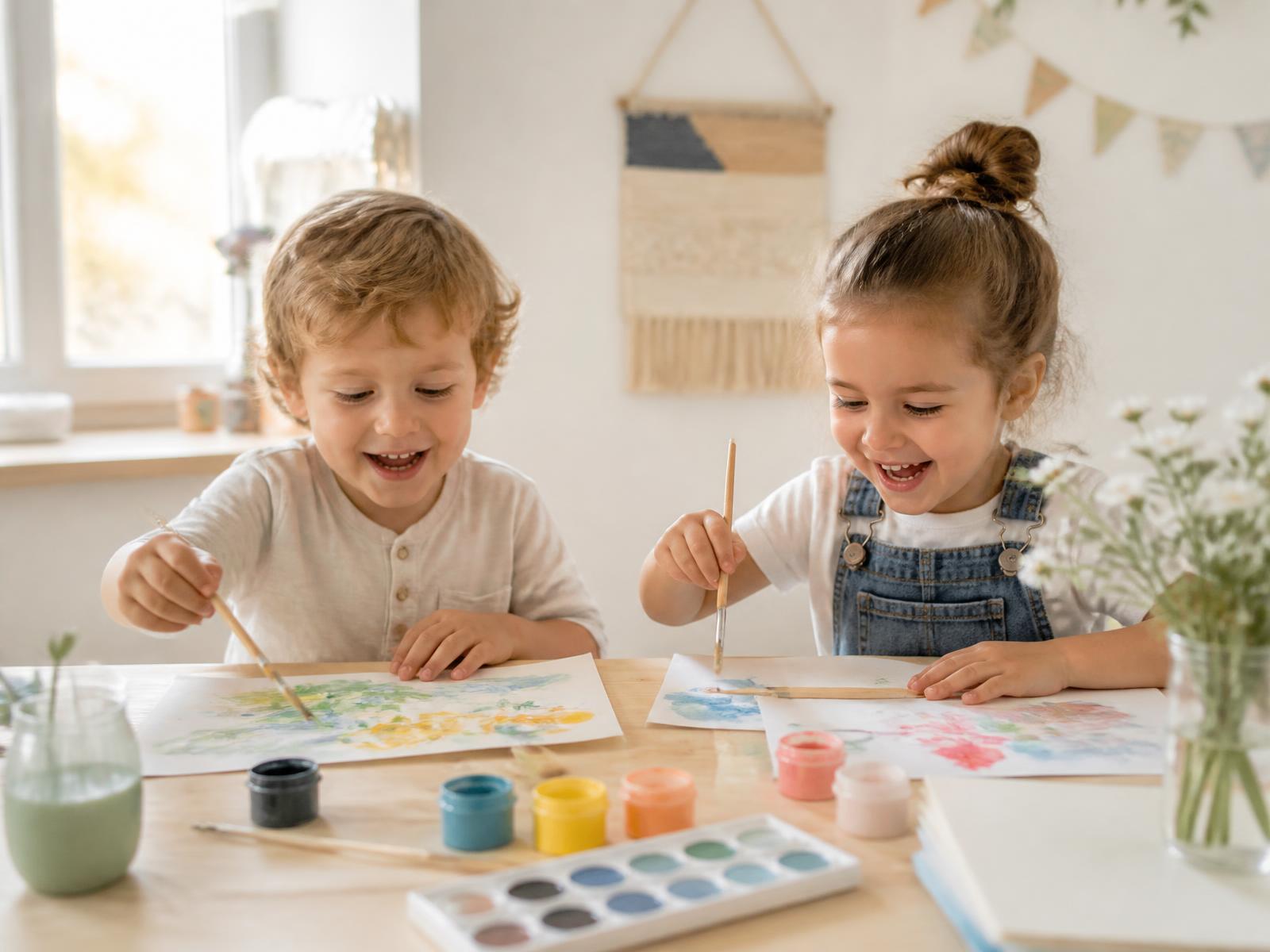 Two young children painting together at a light wooden table