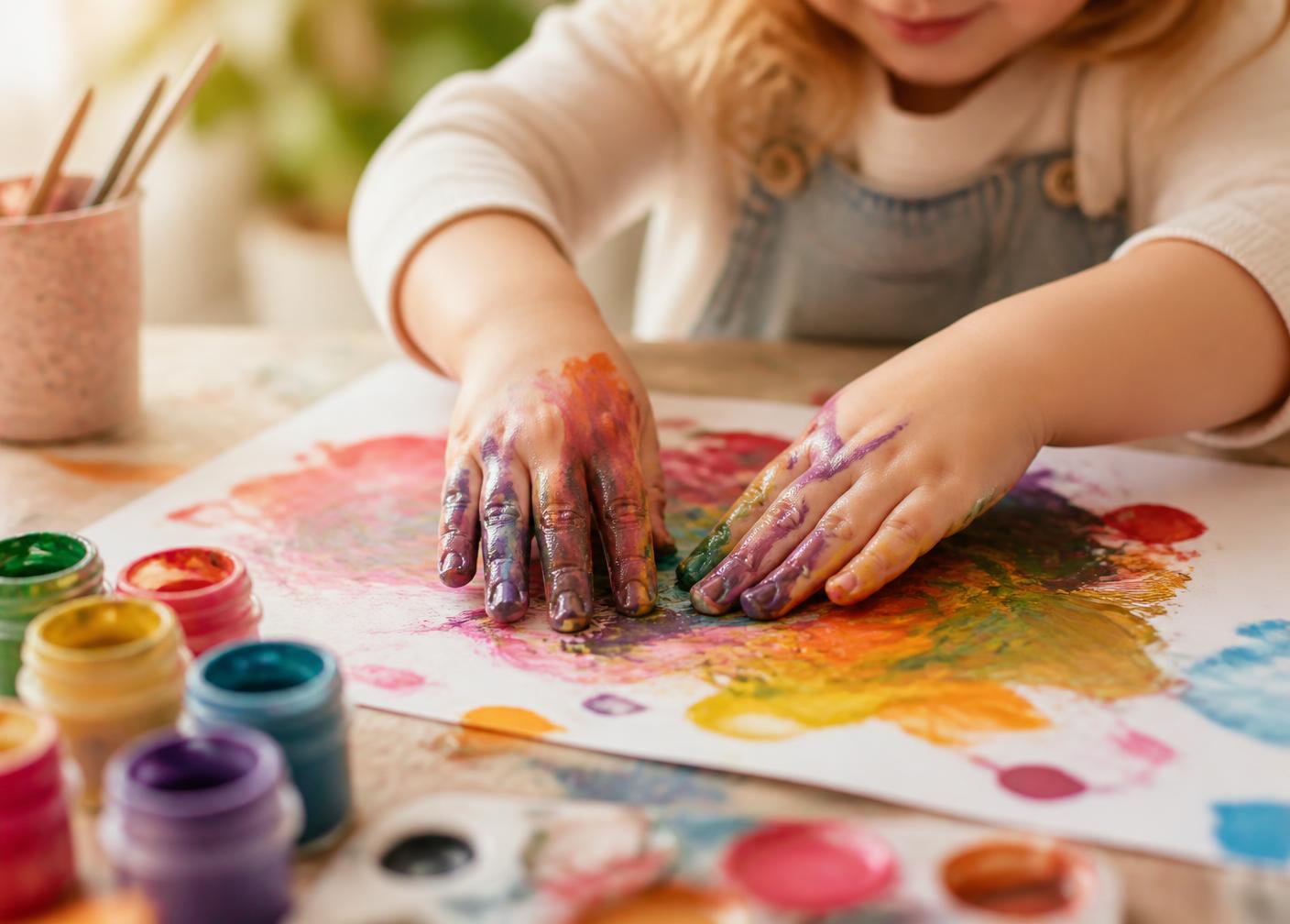 A child's paint-covered hands pressing colour onto paper
